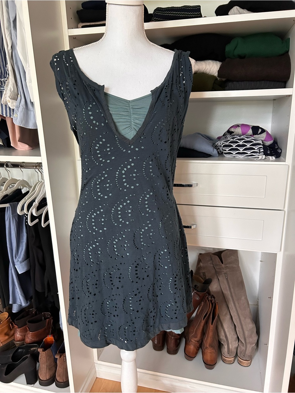 Free People Charcoal Eyelet Mini Dress with Sage Slip